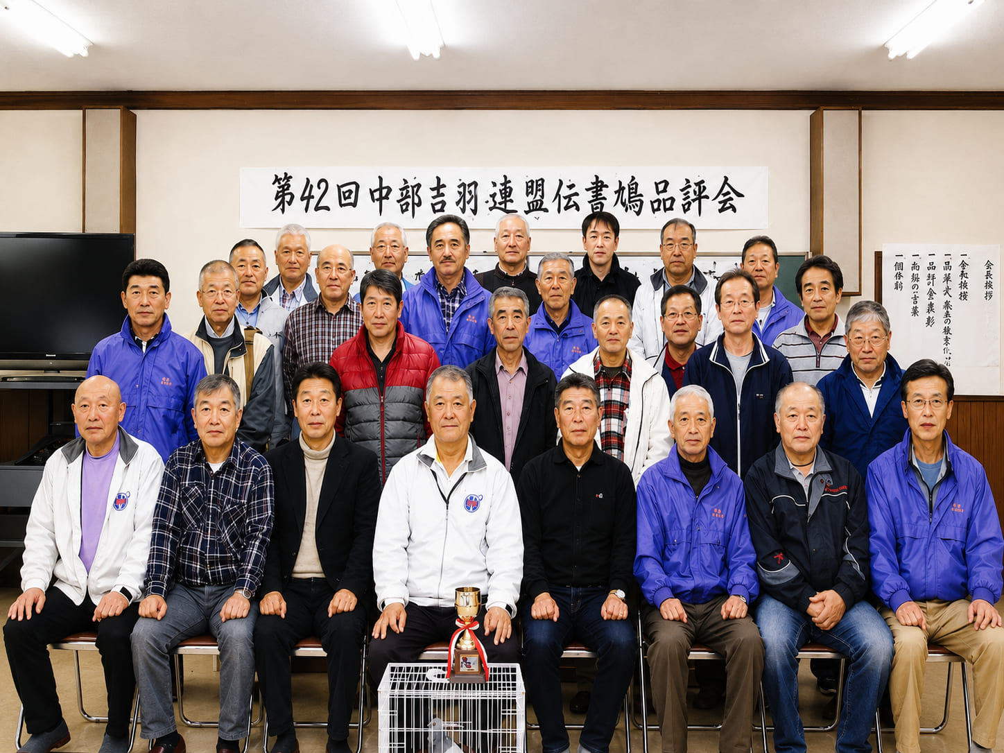 ▲中部支部連盟主催の伝書鳩品評会に参加した会員一同。